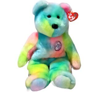 Vintage TY B.B. Bear the Birthday Bear Beanie Buddy 2001 Rainbow Coloured 14"